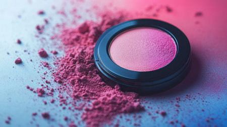 Discover a stunning closeup of a vibrant powder blush, highlighted by crushed pink pigments on a colorful background, ideal for beauty and makeup projects.の素材