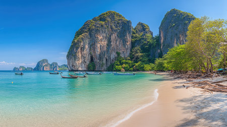 Experience the tranquility of a beautiful tropical beach featuring clear waters, dramatic cliffs, and lush greenery, ideal for relaxation and adventure on a sunny day.の素材