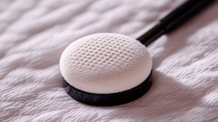 Elegant foam makeup applicator resting on a textured surface, designed for seamless application of foundation, powder, and cream to enhance beauty routines and achieve a flawless skin finish.の素材
