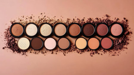 This stunning arrangement features an array of cosmetic powders in warm tones, displayed elegantly against a textured background, perfect for beauty enthusiasts and professionals alike.の素材