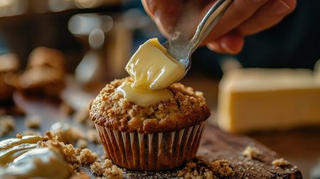 A mouthwatering muffin being generously topped with rich creamy frosting. This scene captures the warmth and coziness of home baking in a beautifully lit kitchen.の素材