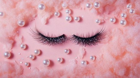 This image features stunning black eyelashes adorned with glitter, artistically placed on a soft pink background, accentuated by scattered pearls, ideal for beauty and fashion themes.の素材