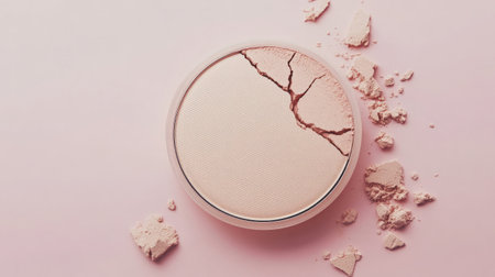 A broken cosmetic powder compact on a pastel pink background, showcasing an elegant design ideal for beauty or skincare projects emphasizing fragility and aesthetic appeal.の素材