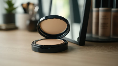 A compact foundation powder sits open on a wooden table, showcasing its smooth surface and reflecting beauty tools in the background, creating a perfect serene makeup scene.の素材