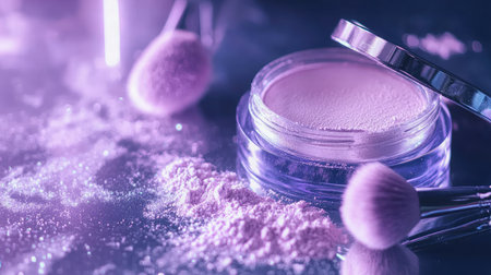 Captivating makeup scene with soft purple tones showcasing cosmetic brushes, powder, and a glittery vibe, perfect for beauty enthusiasts and fashion inspiration.の素材