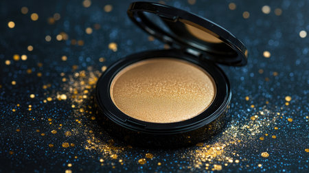 A shimmering gold highlighter powder in an open compact, set against a sparkling glittery background, capturing the essence of beauty and elegance in cosmetics.の素材
