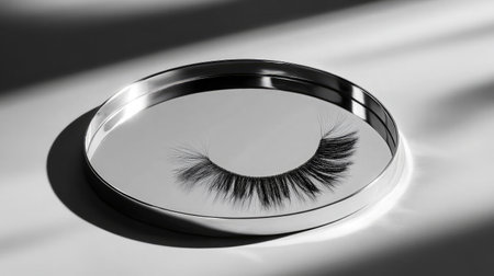 A beautiful black false eyelash elegantly placed on a mirror surface, capturing soft shadows and reflections that embody luxury and style in beauty and makeup aesthetics.の素材