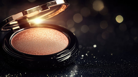 A stunning image of an open bronzer compact showcasing a shimmering surface, enhanced by a soft glowing background that adds elegance and allure, perfect for beauty promotions.の素材