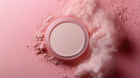 A captivating display of a compact powder case on a soft pink background, surrounded by delicate powder dust, showcasing a stylish and feminine beauty aesthetic.の素材