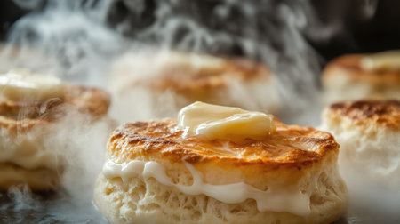 A closeup of freshly baked biscuits topped with melting butter, showcasing warm steam and inviting textures that inspire delightful breakfast moments and comforting meals.の素材