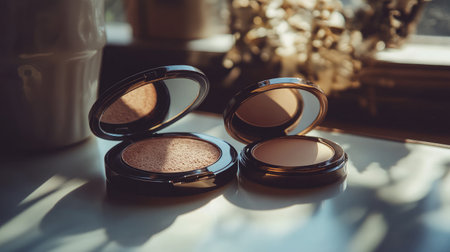Two stylish cosmetic compacts rest on a light surface, capturing soft light and the essence of beauty products. Ideal for showcasing makeup essentials in a serene environment.の素材