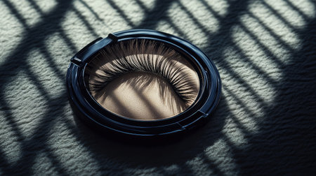 Stunning close-up image of lash extensions in a round case, showcasing intricate details and soft shadows, ideal for beauty and makeup related themes.の素材