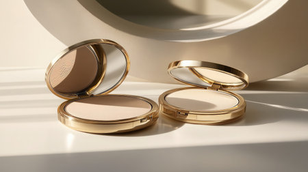 Captivating image of elegant makeup compacts with golden accents, elegantly illuminated by natural light, ideal for beauty enthusiasts and cosmetic promotions.の素材