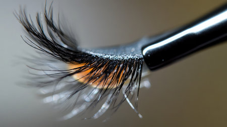 This close-up image features a luxurious synthetic eyelash resting on a makeup brush, showcasing beauty and elegance against a softly blurred background.の素材