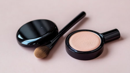 This image showcases a stylish makeup brush alongside a powder blush compact, highlighting beauty essentials on a soft pink background, perfect for cosmetic inspiration.の素材