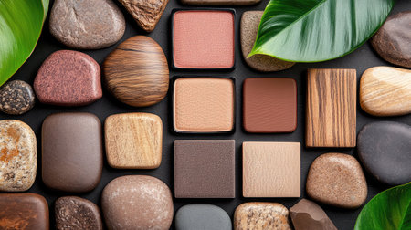 Discover a stunning arrangement of natural stones and color swatches accented by lush leaves, perfect for artistic inspiration and design projects in modern aesthetics.の素材