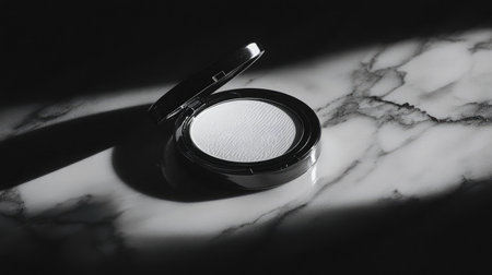 This image features an elegant compact powder case resting on a marble surface, illuminated by dramatic lighting that enhances its luxurious design and textures.の素材