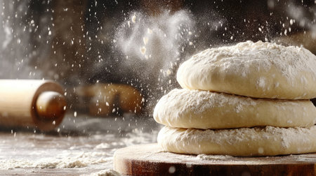 Three stacked dough pieces on a wooden board surrounded by flour, creating an inviting kitchen atmosphere perfect for culinary enthusiasts and baking lovers.の素材