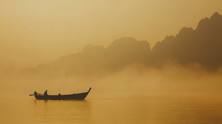A tranquil scene featuring a silhouette of a traditional boat gliding through misty waters at dawn. Golden hues illuminate the serene landscape of mountains and fog.の素材