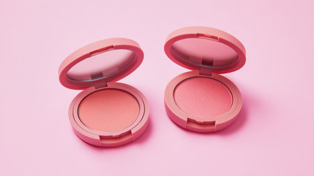 Two soft pink blush compacts open on a light pink background, perfect for showcasing beauty products, makeup tutorials, and stylish cosmetics photography.の素材