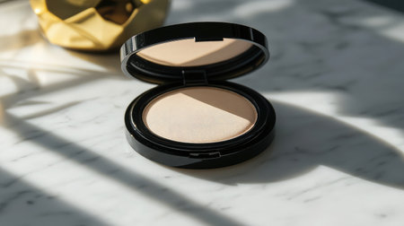 Capture the essence of beauty with this elegant open compact on a marble surface, featuring soft shadows and golden accents, ideal for makeup and skincare enthusiasts.の素材