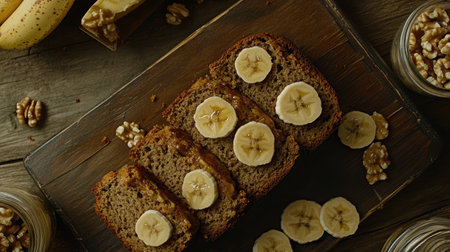 Savor the delightful sight of freshly baked banana bread, adorned with sliced bananas and walnuts. Perfect for snacks, desserts, or breakfast, this treat combines wholesome flavors.の素材