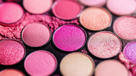 Discover an exquisite close-up of a diverse eyeshadow palette featuring various pink shades, perfect for creating stunning and vibrant makeup looks in any beauty project.の素材