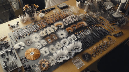 Explore a meticulously organized array of makeup brushes, tools, and accessories, perfect for beauty enthusiasts and professionals, illustrating creativity and attention to detail.の素材