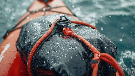 A detailed close-up image of a water-resistant bag on a kayak, showcasing droplets on the surface and a secure strap, highlighting the adventure spirit in a scenic outdoor setting.の素材