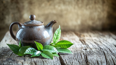 A beautifully crafted rustic teapot sits gracefully on a vintage wooden table, accompanied by fresh green leaves, evoking a sense of peace and natural elegance for tea enthusiasts.の素材