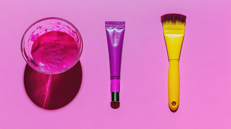 A stylish collection of beauty products, including a glass bowl of glossy pink substance, a purple tube, and a yellow brush, set against a vibrant pink background for a contemporary look.の素材