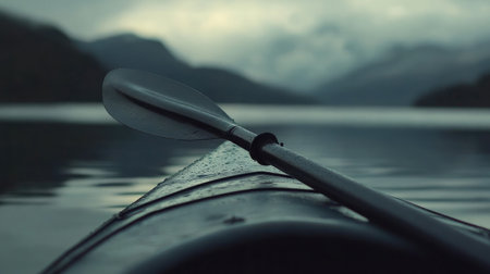 A tranquil view of a kayak paddle resting on a serene lake, surrounded by majestic mountains beneath a moody sky, perfect for nature lovers seeking adventure and solitude.の素材
