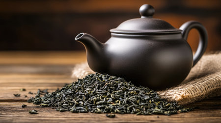 A charming composition featuring black tea leaves spilling beside a traditional pot on a rustic wooden surface, evoking a warm, inviting atmosphere perfect for tea lovers and culinary enthusiasts.の素材