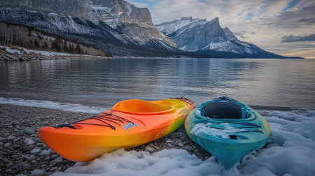 This stunning image captures two vibrant kayaks resting on a snowy shoreline, surrounded by majestic mountains and a calm lake, perfect for outdoor enthusiasts and nature lovers.の素材