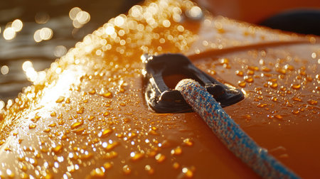 A stunning close-up of an orange kayak adorned with glistening water droplets that catch the sunlight, set against a serene lake background, highlighting adventure and outdoor fun.の素材