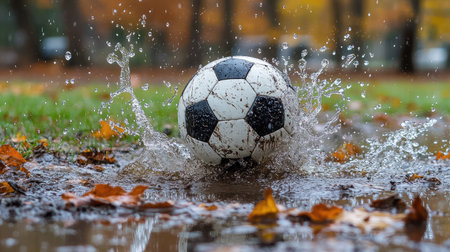 A vibrant soccer ball creates a splash as it hits a puddle amidst fallen leaves, capturing the essence of outdoor play during autumn in a park setting.の素材