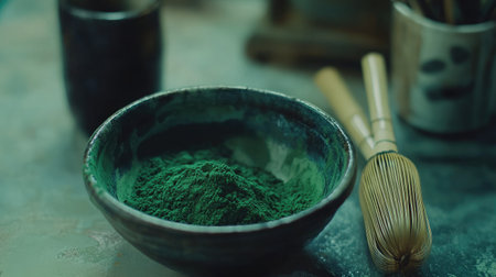 Beautifully arranged vibrant green matcha powder in a rustic bowl, accompanied by a traditional bamboo whisk on a textured surface. Perfect for culinary or wellness visuals.の素材