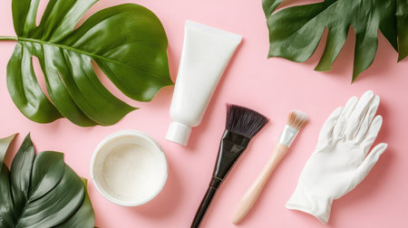 A visually appealing flat lay of skincare tools and products arranged on a pink background, accompanied by tropical leaves, perfect for beauty and wellness themes.の素材