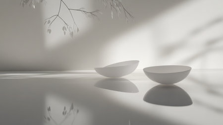 A serene and elegant minimalist composition featuring two white bowls cast with gentle reflections and shadows, showcasing a contemporary interior aesthetic infused with tranquility.の素材