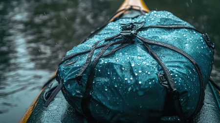 A detailed view of a waterproof bag secured on a kayak, showcasing vibrant colors and raindrops, perfect for conveying adventure and resilience in nature's serene environment.の素材