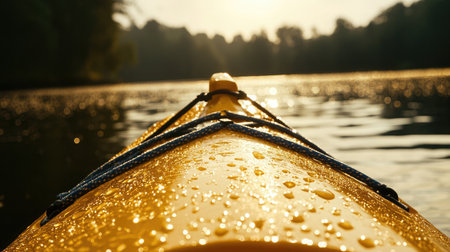 A serene close-up of a yellow kayak covered in droplets on the water's surface, reflecting the warm sunset glow, embodying the spirit of adventure and outdoor exploration.の素材