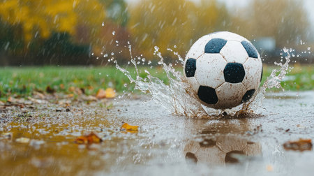 A vibrant close-up of a soccer ball splashing through a puddle, capturing the essence of outdoor play during a rainy autumn day surrounded by colorful leaves.の素材