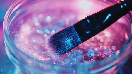 Beautiful close-up of a makeup brush gently touching a jar of shiny cosmetic gel, illuminated by colorful lighting, creating a vibrant and artistic makeup theme.の素材