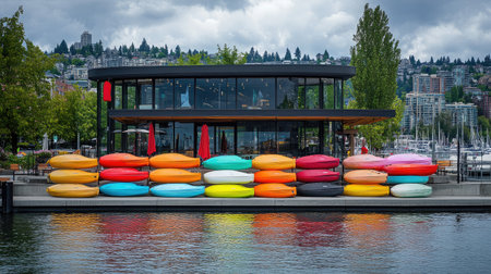 A vibrant scene showcasing an array of colorful kayaks resting next to a stylish lakeside restaurant with lush greenery and stunning urban views under a moody sky.の素材