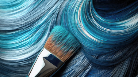 Close-up view of blue hair flowing elegantly alongside a makeup brush, highlighting artistry in beauty and fashion, perfect for creative and modern projects.の素材