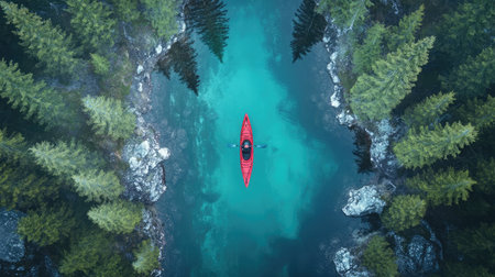 Discover a tranquil scene featuring a kayaker on clear turquoise waters surrounded by lush trees and rocky shores, perfect for capturing the essence of outdoor adventure and serenity.の素材