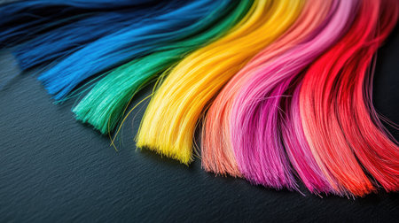A stunning array of colorful hair strands showcases a vibrant rainbow spectrum on a textured dark surface, perfect for creative design and fashion photography inspiration.の素材