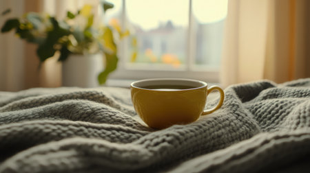 A serene morning scene featuring a yellow coffee cup resting on a soft knitted blanket, illuminated by gentle natural light, creating a perfect atmosphere for relaxation and comfort.の素材