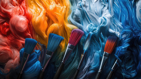 A captivating arrangement of colorful paint and brushes showcases the beauty of artistic creation, perfect for illustrating creativity and expression in artistic endeavors.の素材
