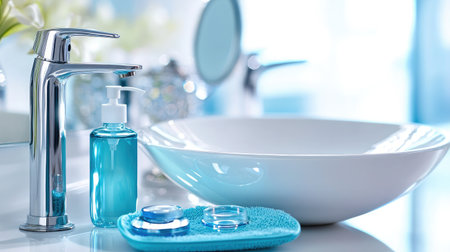 This image captures a bright bathroom scene with a modern chrome faucet, blue soap dispenser, and sleek white bowl, exemplifying cleanliness and relaxation.の素材